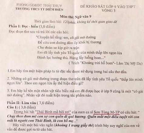 Xôn xao lời ca khúc của Sơn Tùng M-TP vào đề thi