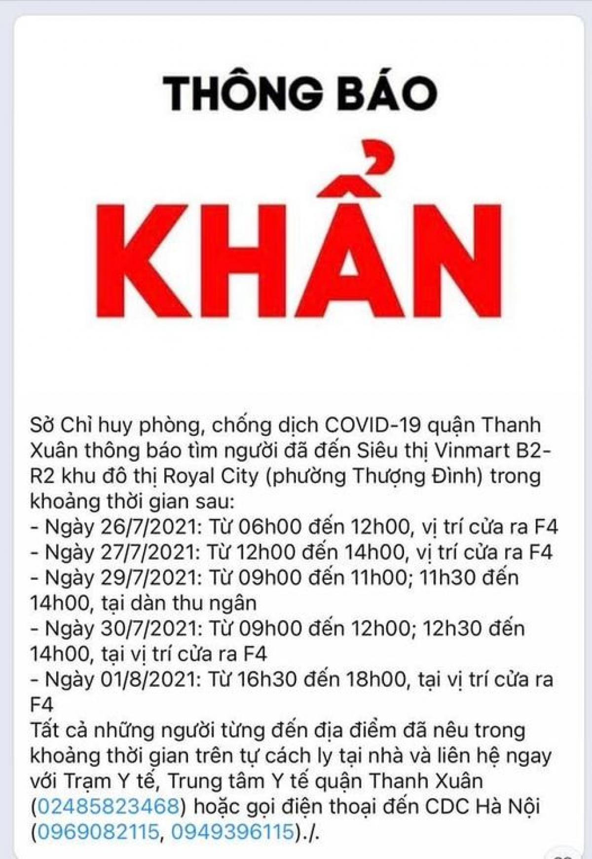 Thông báo khẩn tìm người tới siêu thị Vinmart tại khu đô thị Royal City