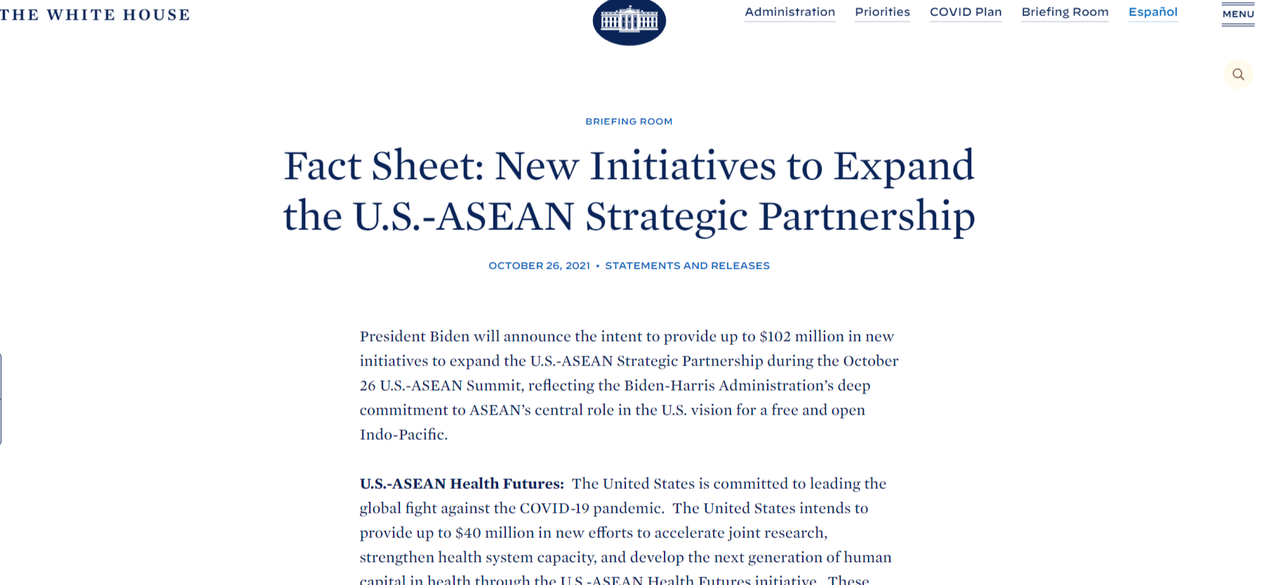 Mỹ dự kiến cung cấp 102 triệu USD cho quỹ hợp tác Mỹ - ASEAN