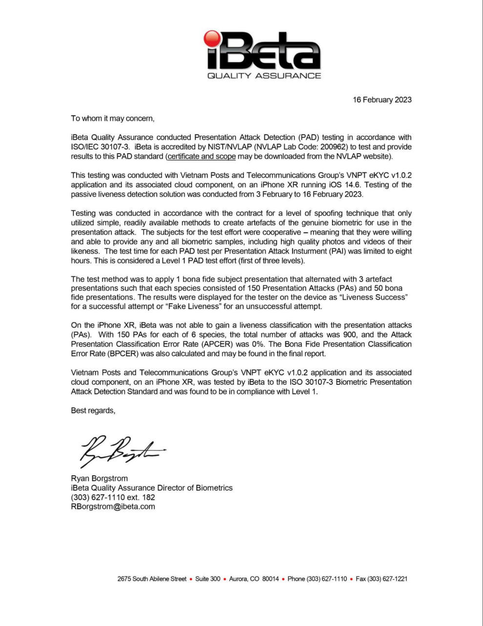Công nghệ VNPT FaceID được iBeta (FIDO Alliance) chứng nhận chống giả mạo khuôn mặt theo tiêu chuẩn ISO/IEC 30107-3