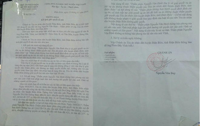 TAND huyện Điện Biên bị tố vi phạm tố tụng 