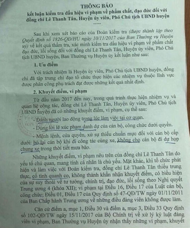 Phó chủ tịch huyện “phản pháo” về kết luận đánh cấp dưới