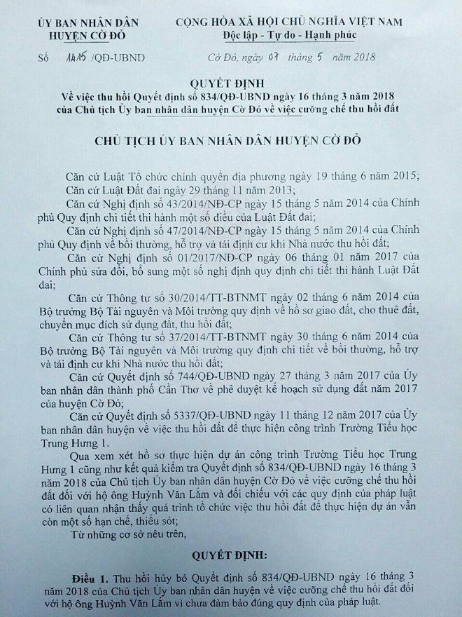 Cần Thơ: Huyện hủy quyết định cưỡng chế, hứa nâng giá bồi thường