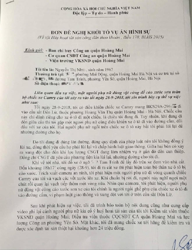 Chủ xe ô tô Camry bị cào xước gửi đơn đề nghị khởi tố vụ án hình sự