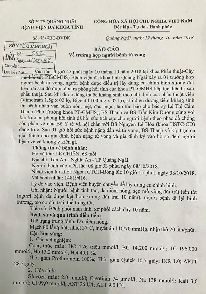 Tử vong sau phẫu thuật lấy dụng cụ chỉnh hình