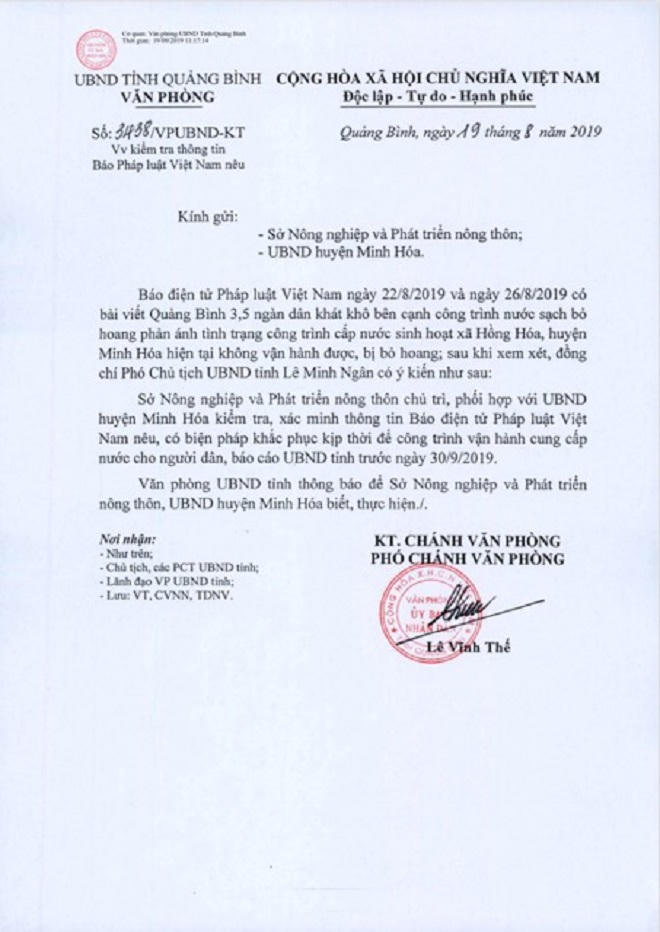 Vụ “dân khát khô bên công trình nước sạch bỏ hoang”: UBND tỉnh Quảng Bình chỉ đạo giải quyết sự việc