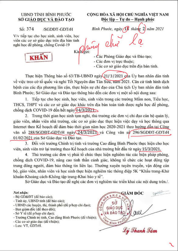 Thông báo cho học sinh Bình Phước nghỉ đến ngày 14/3 là giả
