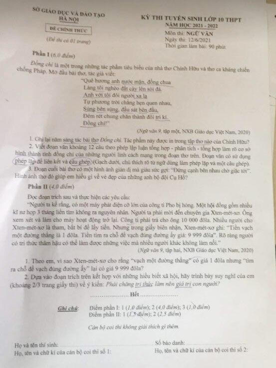 Thi vào lớp 10 tại Hà Nội: Gợi ý đáp án đề thi môn Ngữ văn