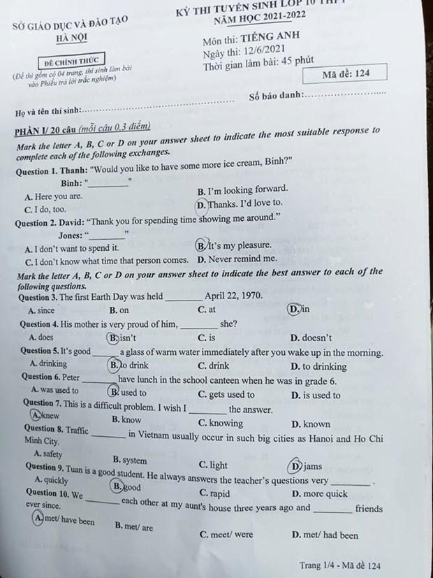 Thi vào lớp 10 Hà Nội: Gợi ý đáp án môn Tiếng Anh