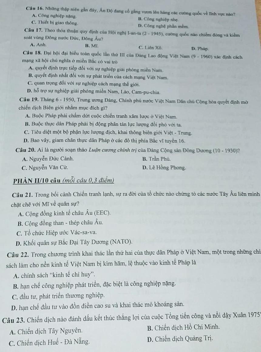 Thi vào lớp 10 Hà Nội: Gợi ý đáp án môn Lịch sử