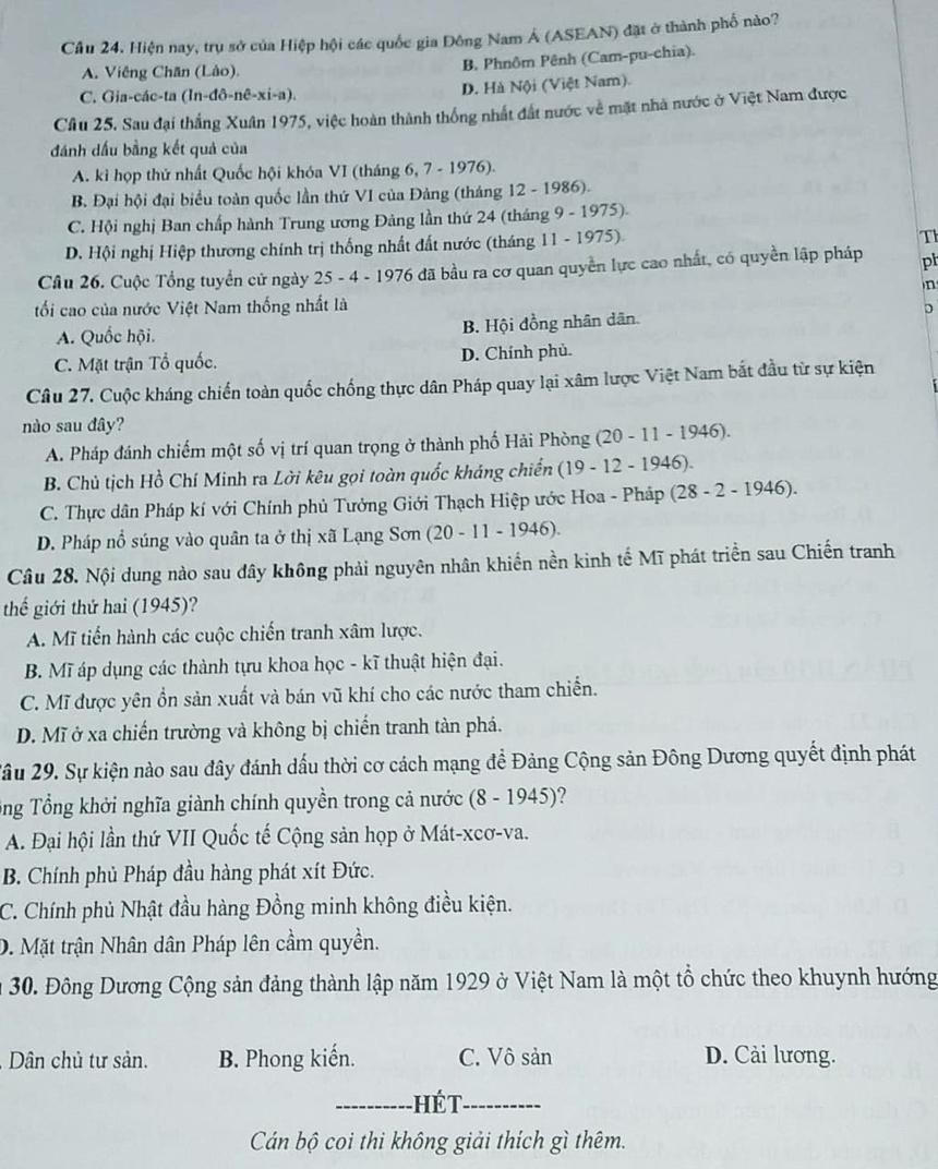 Thi vào lớp 10 Hà Nội: Gợi ý đáp án môn Lịch sử