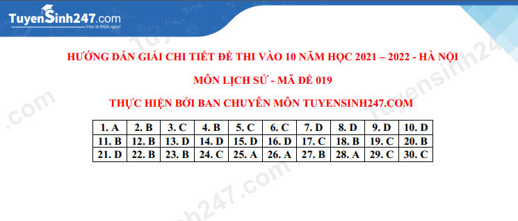 Thi vào lớp 10 Hà Nội: Gợi ý đáp án môn Lịch sử