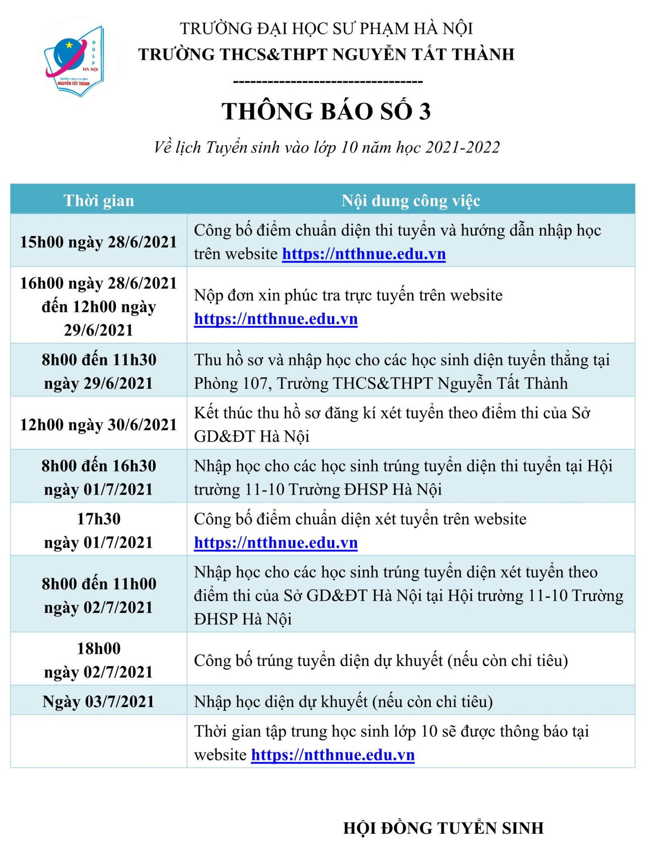 Trường THCS & THPT Nguyễn Tất Thành công bố điểm chuẩn vào lớp 10