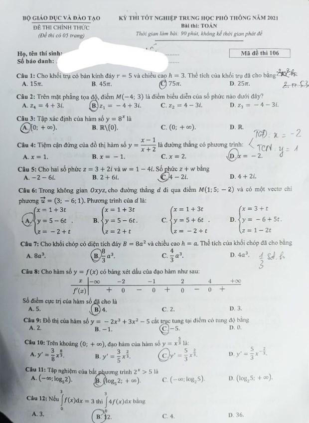 Cập nhật đề thi và đáp án môn Toán tốt nghiệp THPT năm 2021