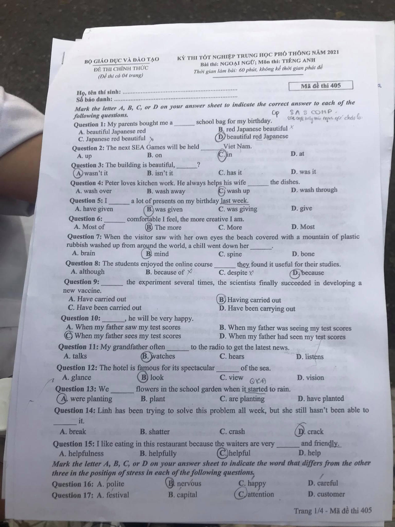 Gợi ý đáp án môn Tiếng Anh tốt nghiệp THPT 2021
