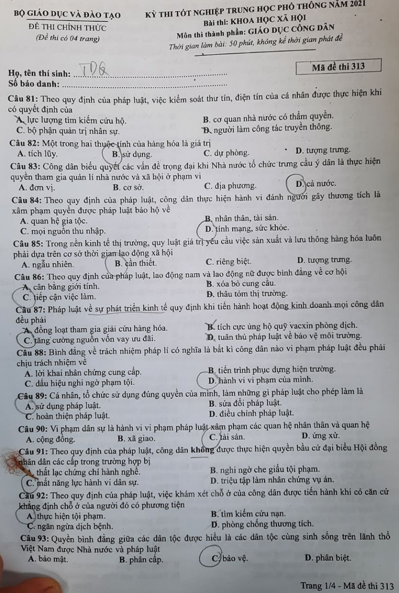 Gợi ý đáp án môn Giáo dục công dân tốt nghiệp THPT 2021
