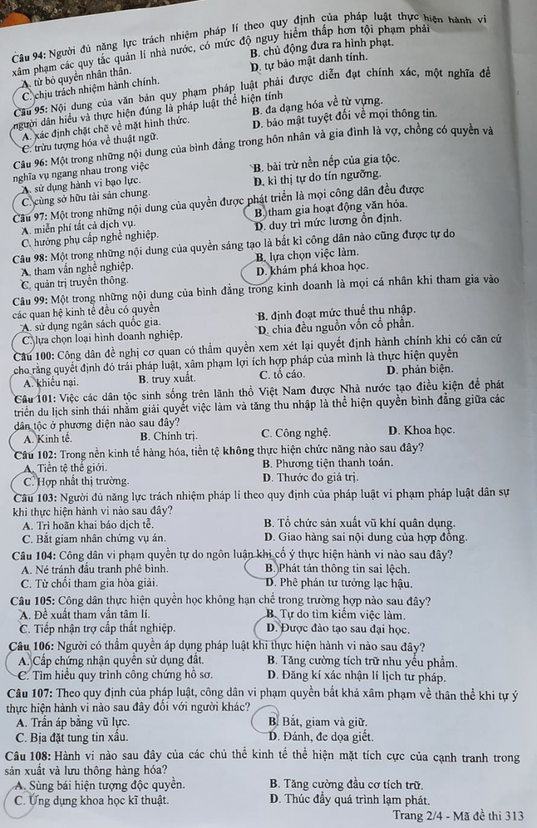 Gợi ý đáp án môn Giáo dục công dân tốt nghiệp THPT 2021