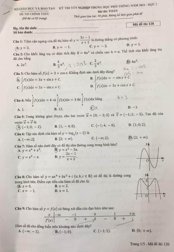 Đề thi môn Toán tốt nghiệp THPT đợt 2