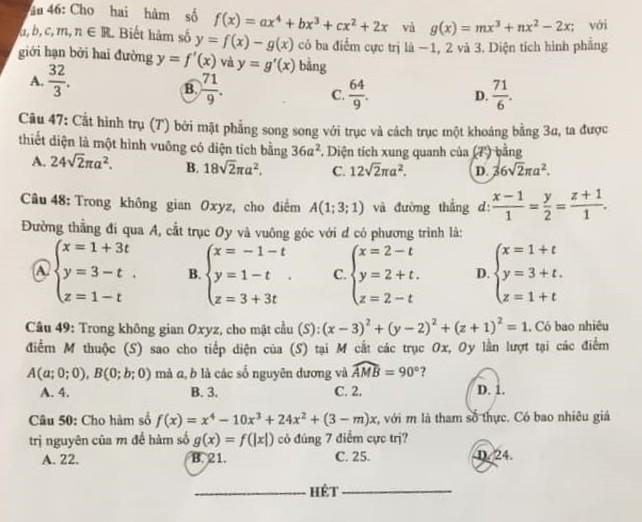 Đề thi môn Toán tốt nghiệp THPT đợt 2