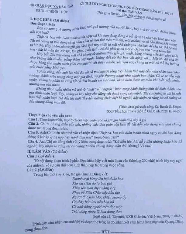 Đề thi chính thức môn Ngữ Văn thi tốt nghiệp THPT đợt 2