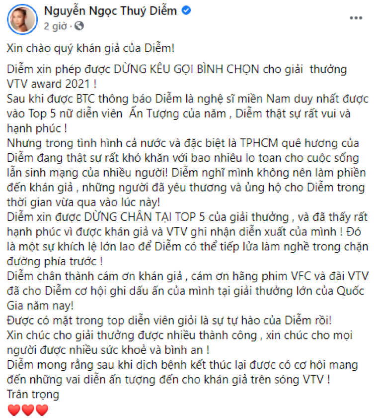 Thúy Diễm dừng kêu gọi bình chọn cho giải thưởng VTV Award 2021