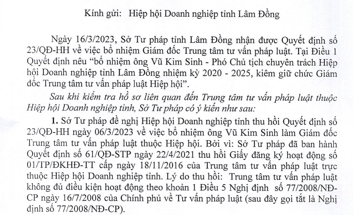 Sở Tư pháp Lâm Đồng đề nghị Hiệp hội doanh nghiệp tỉnh thu hồi quyết định bổ nhiệm