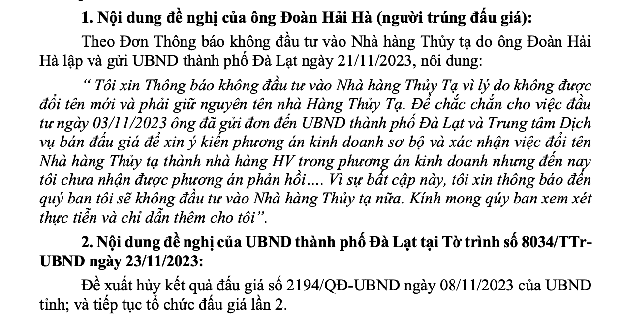 Lâm Đồng chưa huỷ kết quả đấu giá nhà hàng Thuỷ Tạ