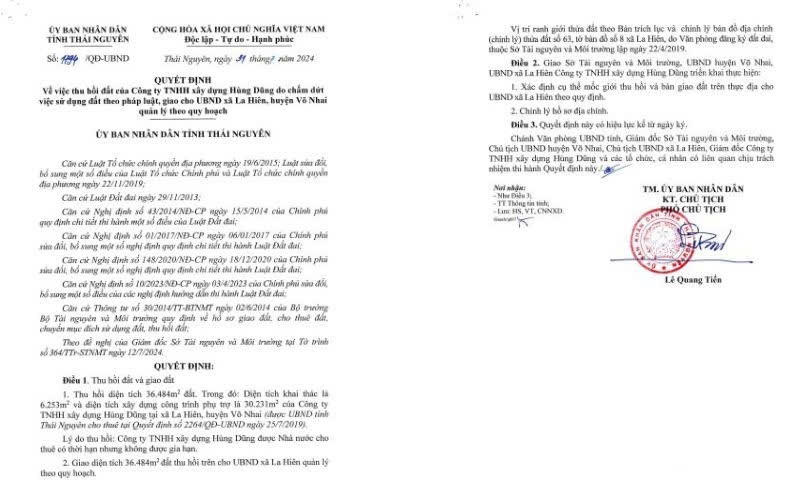 Thu hồi lại gần 36.500m2 đất đã cho Công ty Hùng Dũng thuê