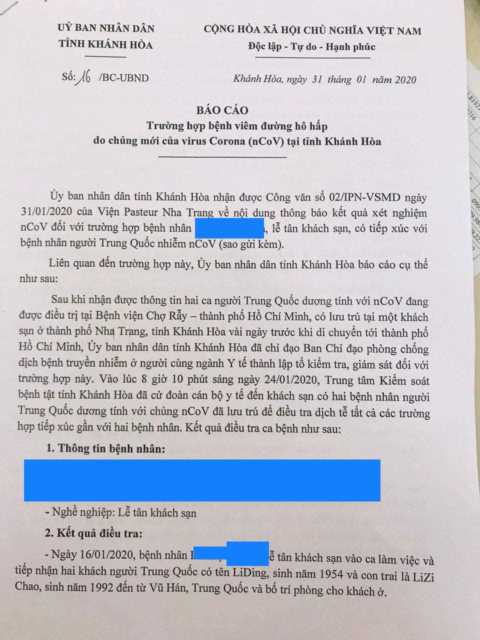 Lễ tân ở Khánhh Hòa bị nhiễm virus Corona khi tiếp xúc với cha con người Vũ Hán