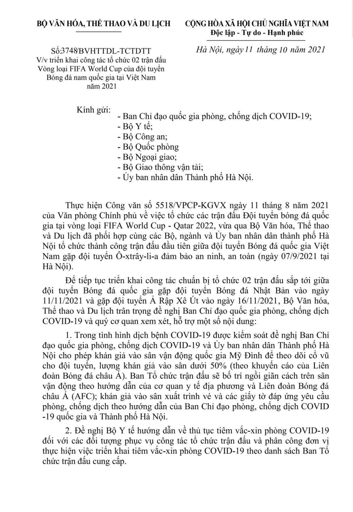 Bộ VH-TT&DL đề nghị cho khán giả vào sân xem ĐT Việt Nam thi đấu