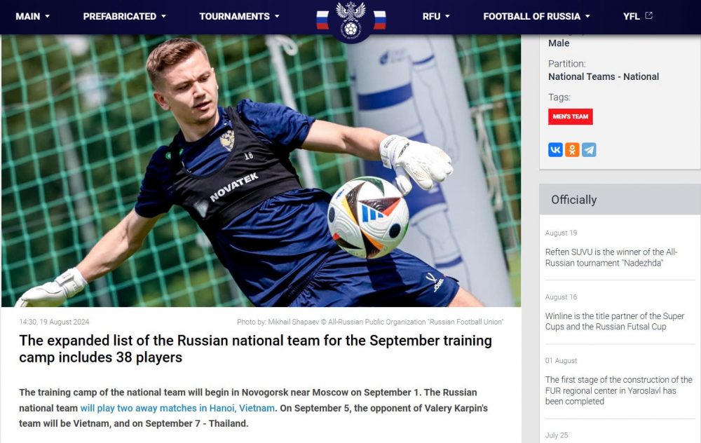 Thiếu vắng 2 ngôi sao khi đội tuyển Nga đến Việt Nam