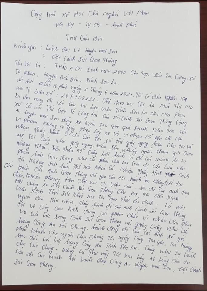 Người dân viết thư cảm ơn hành động đẹp của cảnh sát giao thông Sơn La