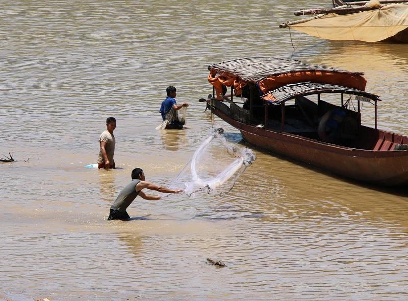 Bắt cá sặc bùn trên sông Đà mùa nước cạn