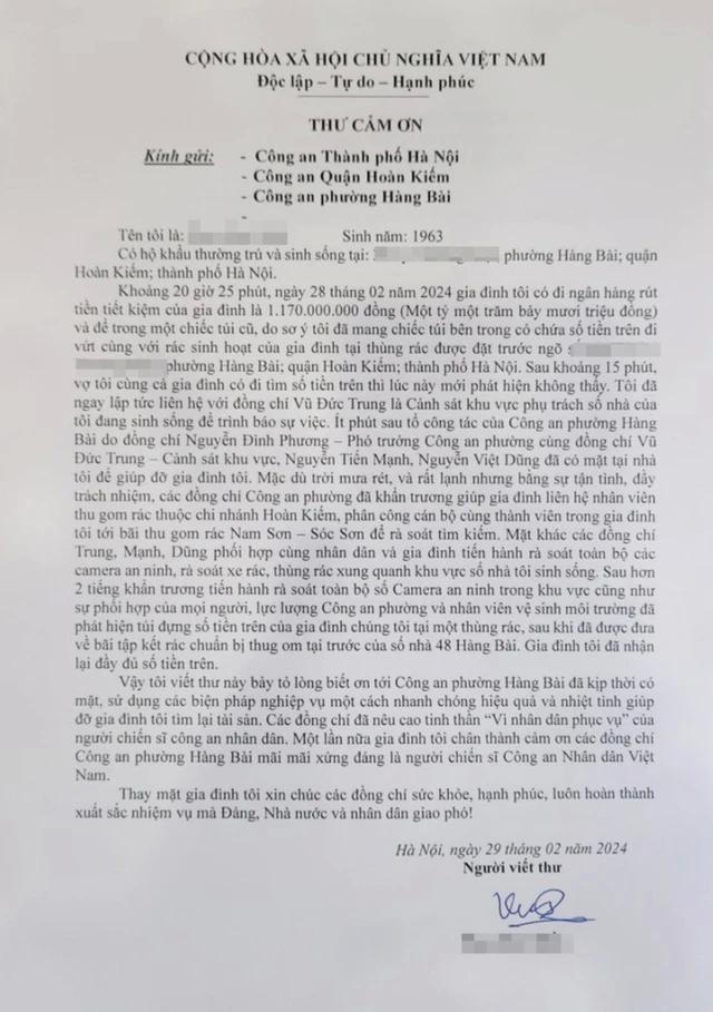 Công an Hà Nội giúp người dân tìm lại hơn 1 tỷ đồng vứt nhầm vào thùng rác 