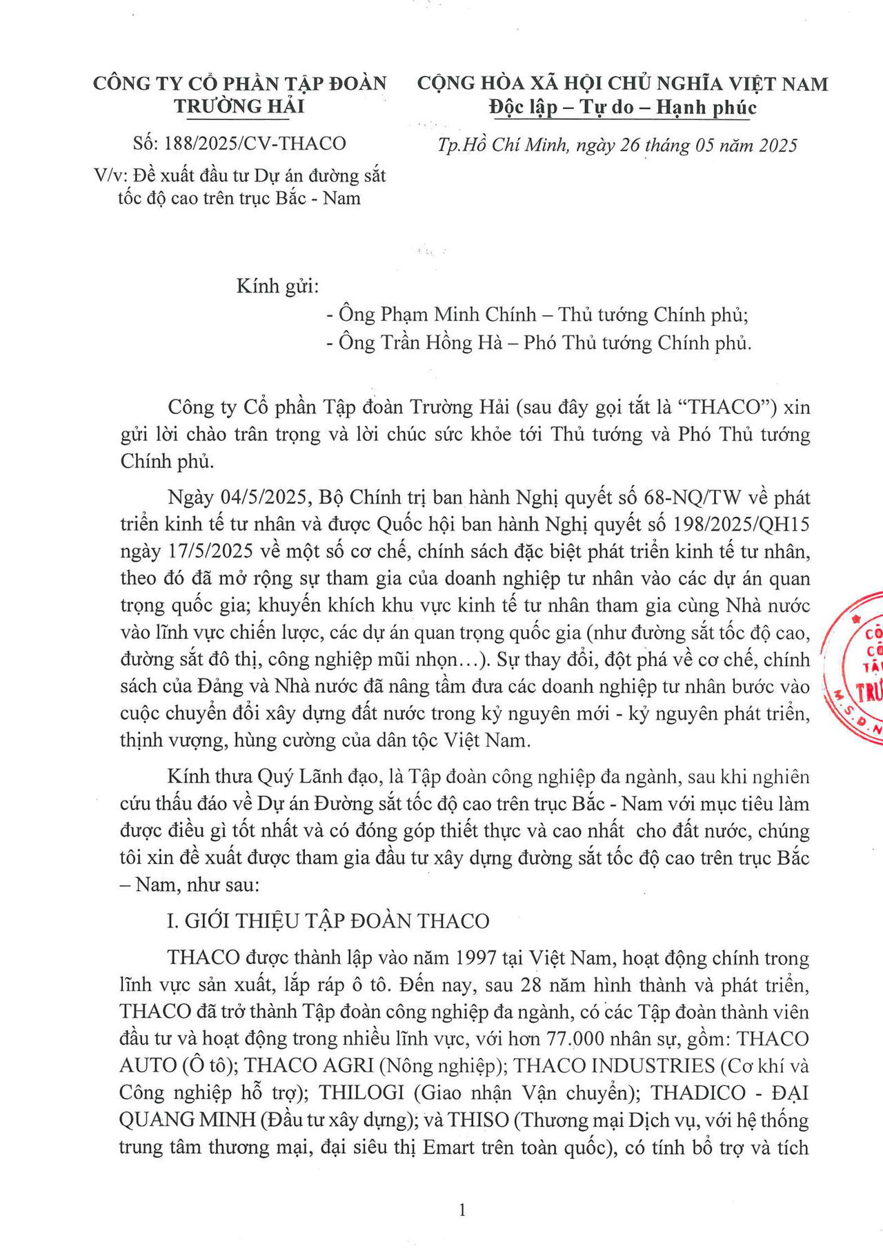 Thư của Chủ tịch Trần Bá Dương về việc THACO đề xuất đầu tư Dự án Đường sắt tốc độ cao Bắc – Nam