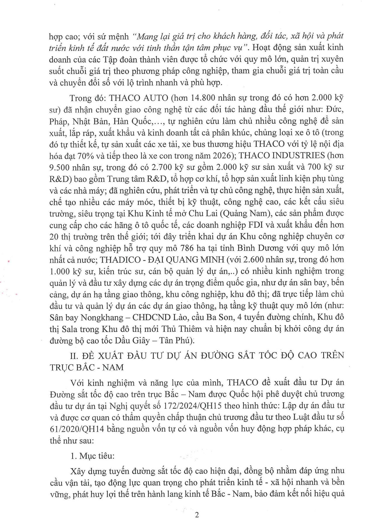 Thư của Chủ tịch Trần Bá Dương về việc THACO đề xuất đầu tư Dự án Đường sắt tốc độ cao Bắc – Nam