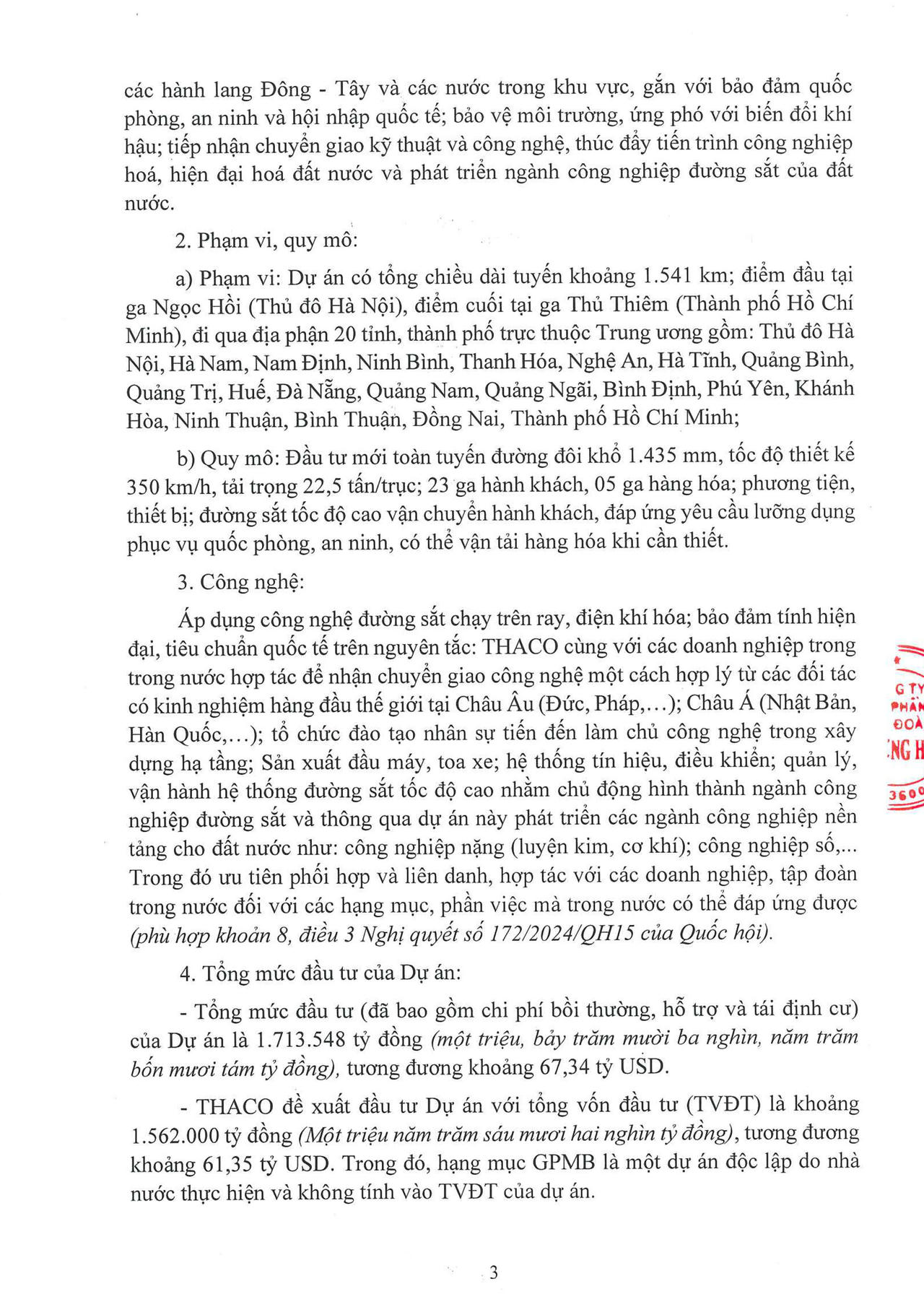 Thư của Chủ tịch Trần Bá Dương về việc THACO đề xuất đầu tư Dự án Đường sắt tốc độ cao Bắc – Nam