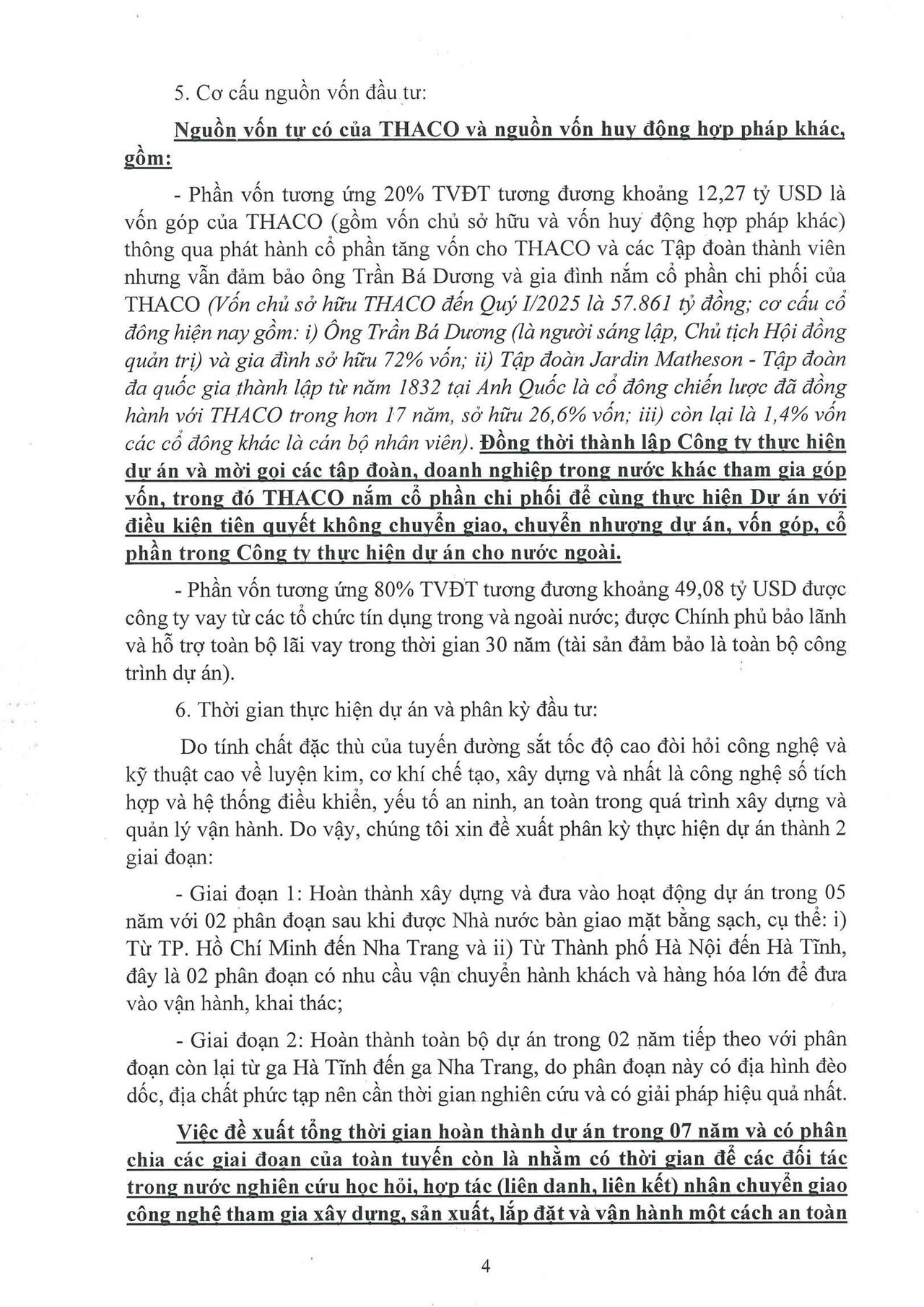 Thư của Chủ tịch Trần Bá Dương về việc THACO đề xuất đầu tư Dự án Đường sắt tốc độ cao Bắc – Nam