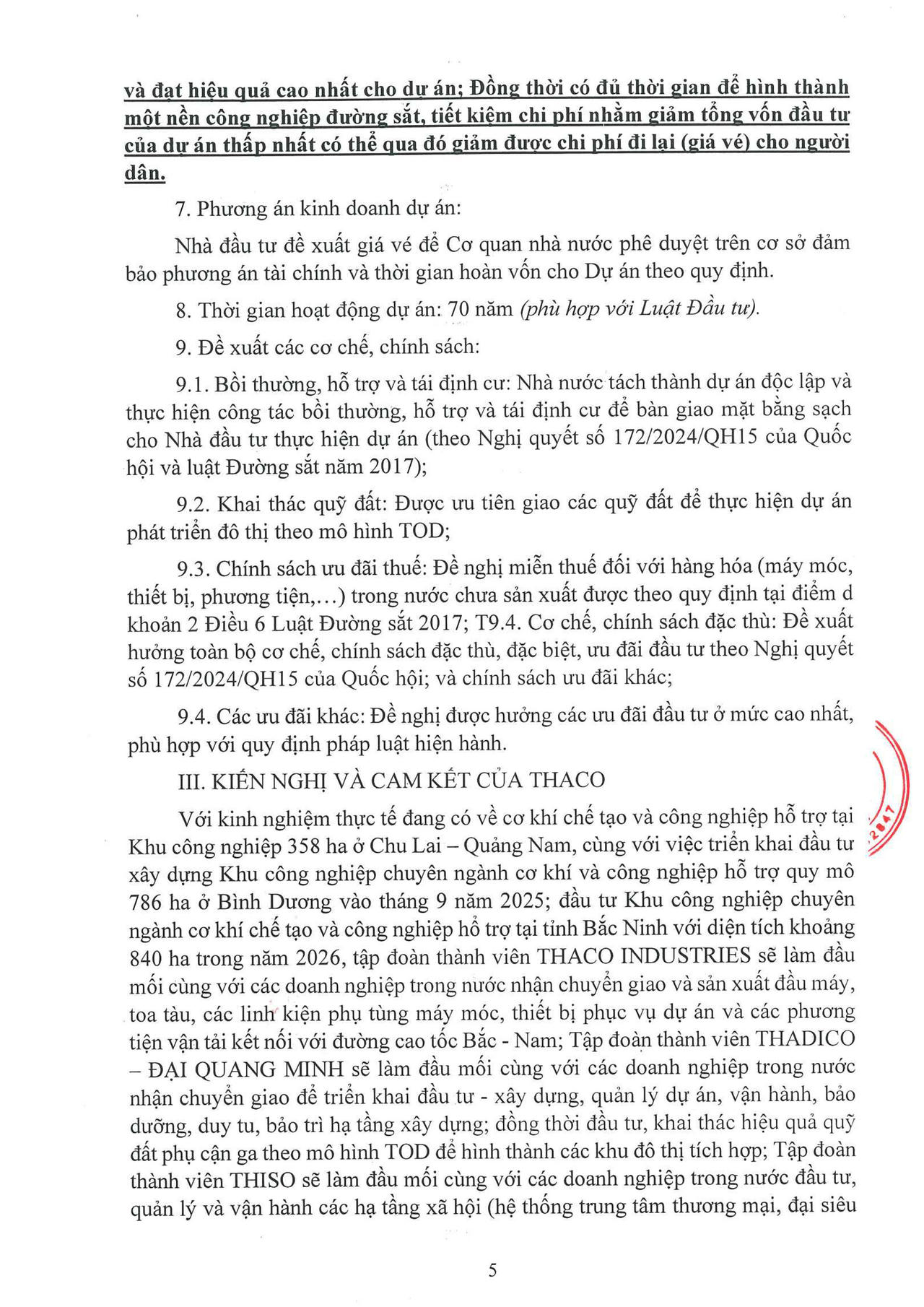 Thư của Chủ tịch Trần Bá Dương về việc THACO đề xuất đầu tư Dự án Đường sắt tốc độ cao Bắc – Nam