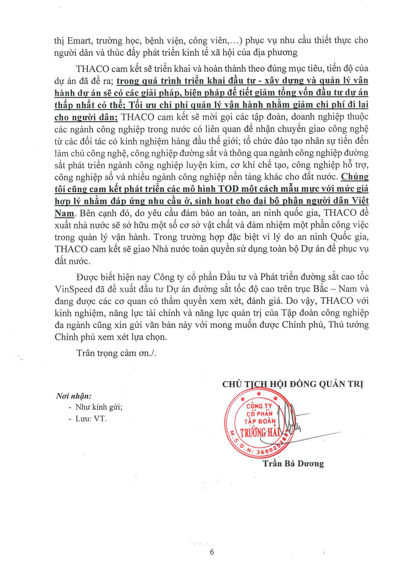 Thư của Chủ tịch Trần Bá Dương về việc THACO đề xuất đầu tư Dự án Đường sắt tốc độ cao Bắc – Nam