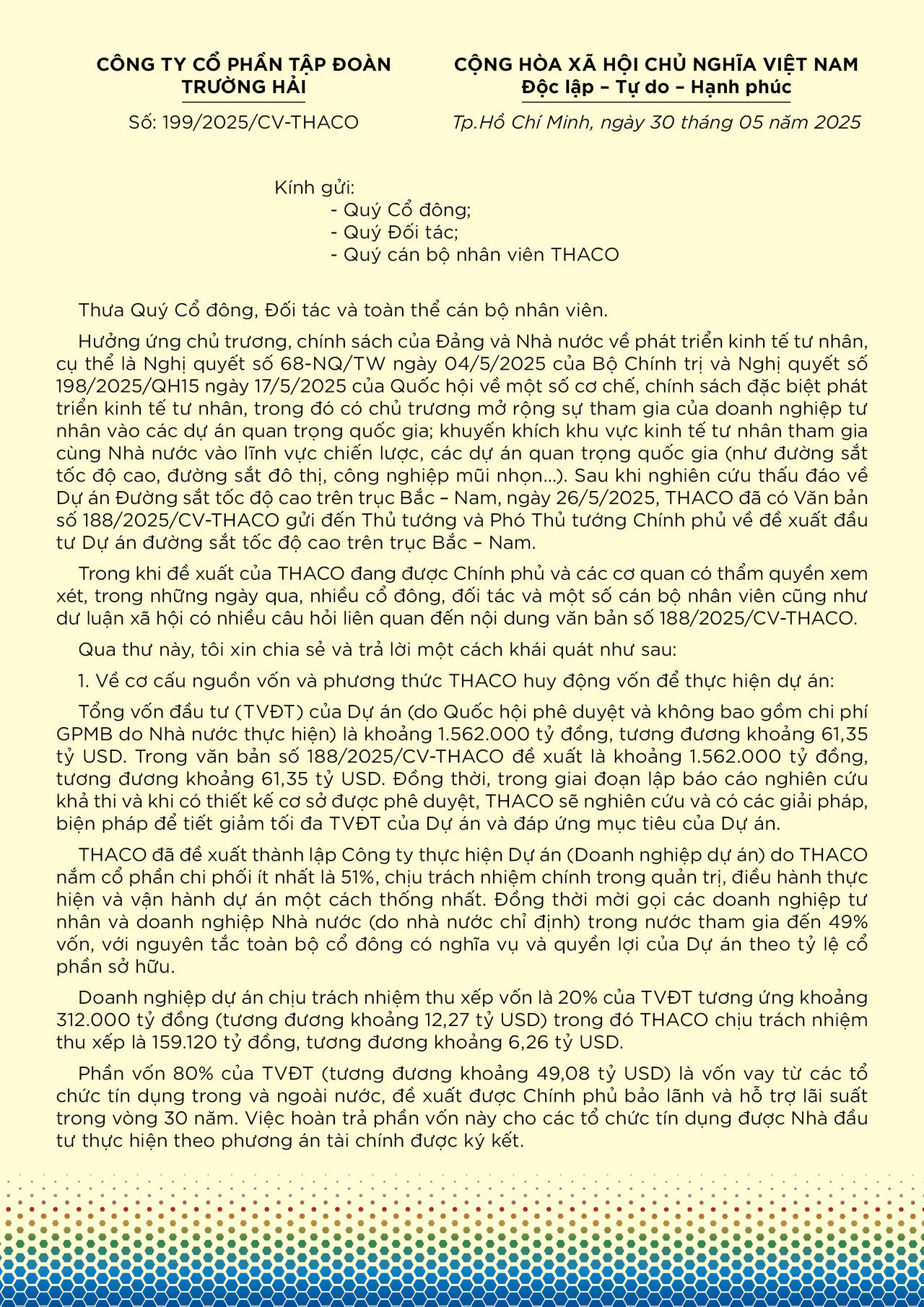 Thư của Chủ tịch Trần Bá Dương về việc THACO đề xuất đầu tư Dự án Đường sắt tốc độ cao Bắc – Nam