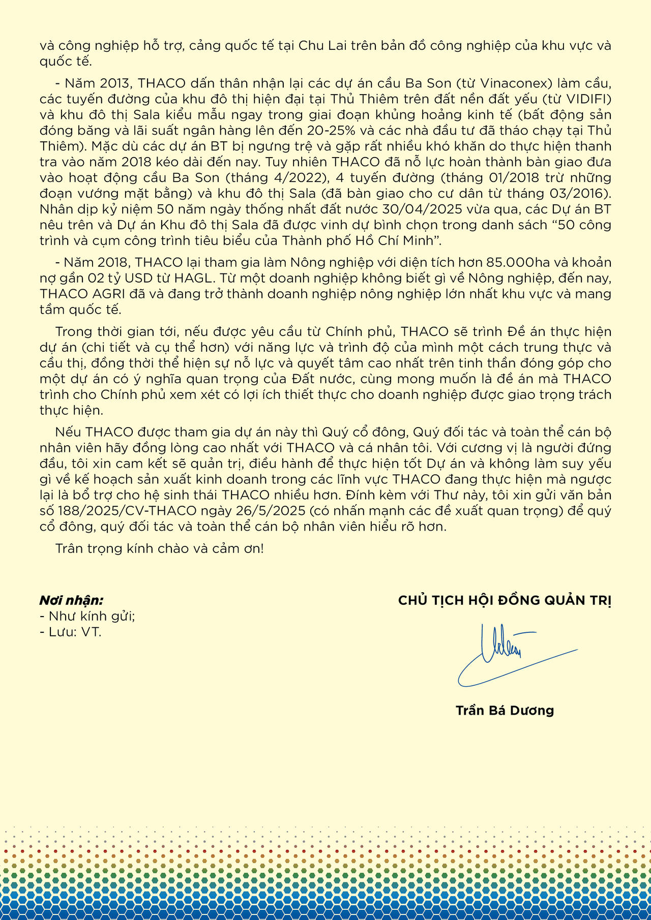Thư của Chủ tịch Trần Bá Dương về việc THACO đề xuất đầu tư Dự án Đường sắt tốc độ cao Bắc – Nam