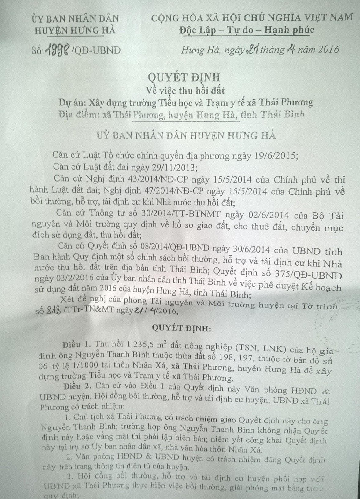 Huyện Hưng Hà, Thái Bình có mắc sai phạm trong quá trình thu hồi, đền bù đất?