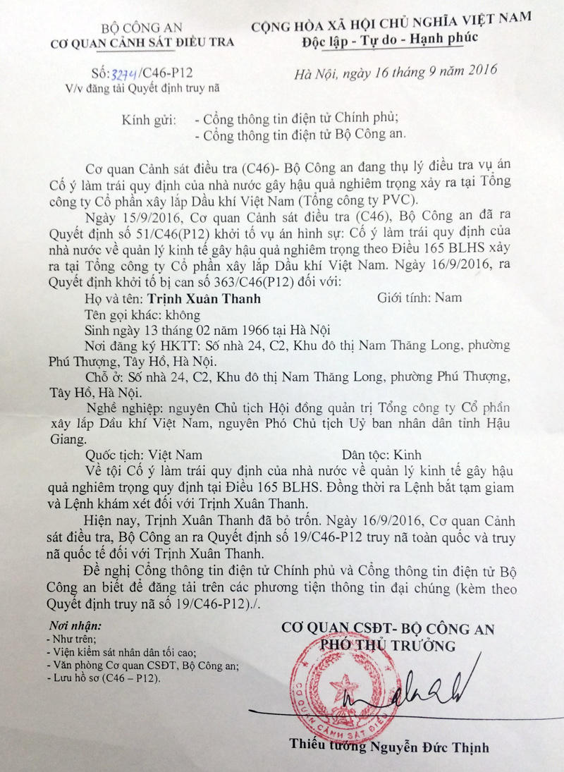 Khởi tố và truy nã quốc tế ông Trịnh Xuân Thanh 