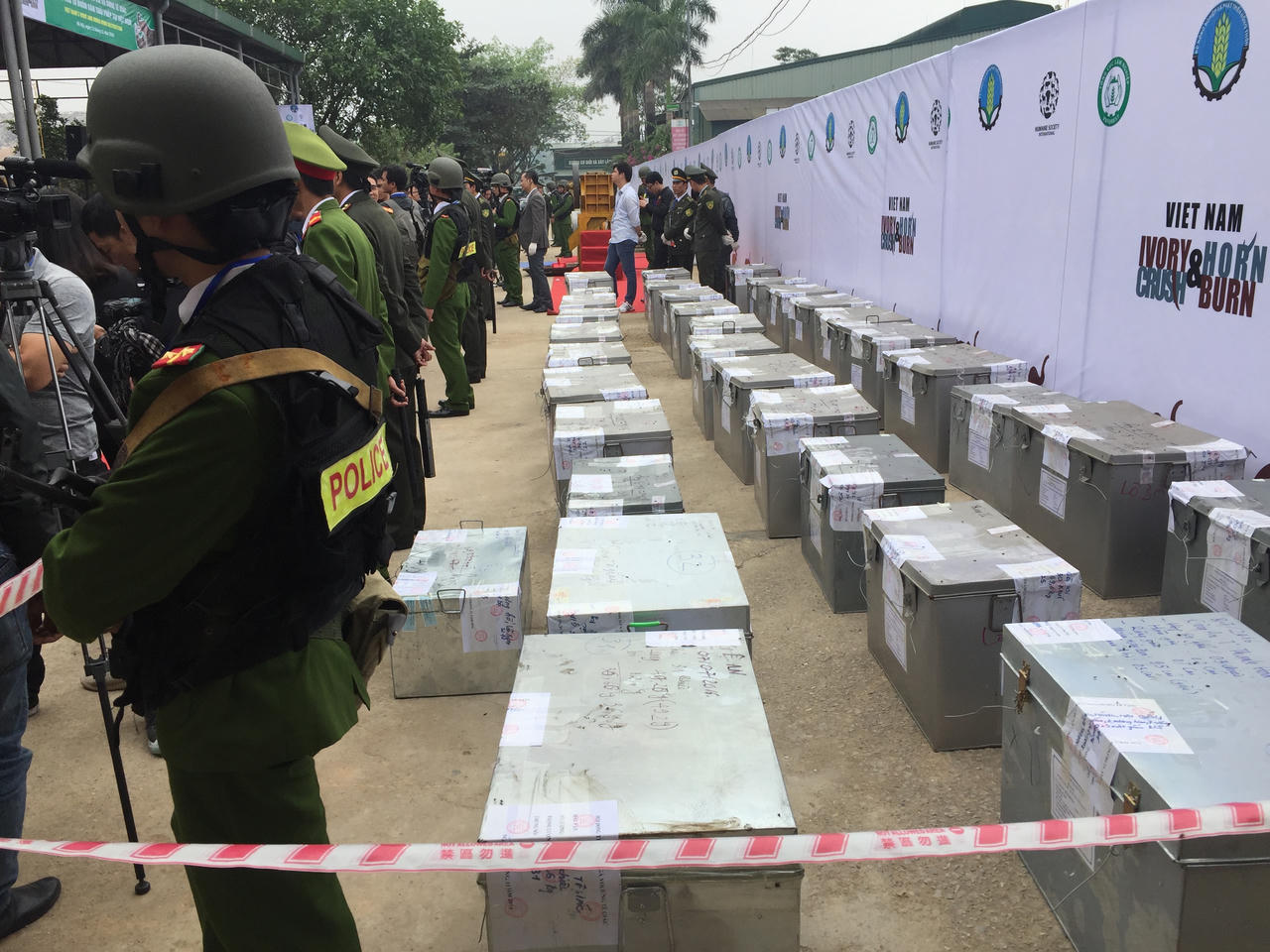 Hàng tấn ngà voi bị nghiền thành bột trước khi đem tiêu huỷ 