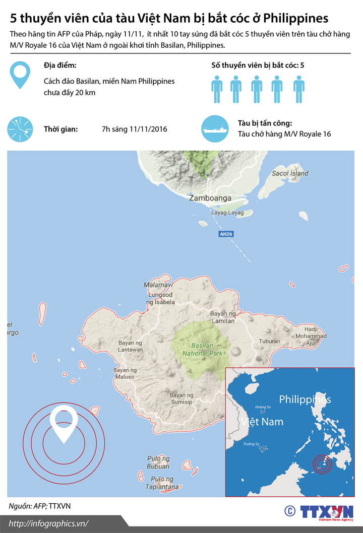 Infographic: Địa điểm 5 thuyền viên của tàu Việt Nam bị bắt cóc ở Philippines