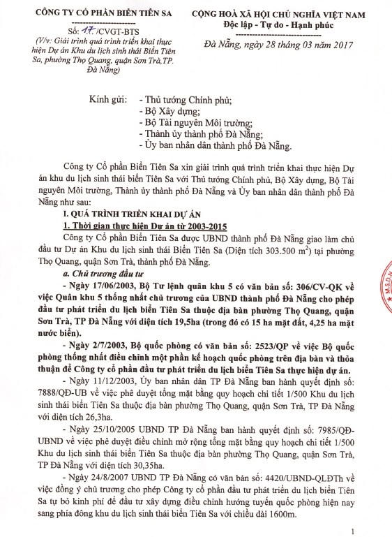 Dự án biển du lịch Tiên Sa: Chủ đầu tư khẳng định chỉ giải trình và xin ý kiến chỉ đạo 