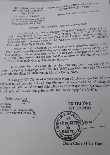 Quảng Nam: Những dấu hỏi về gói thầu QN-CW-01 tại Công ty CP Cấp thoát nước Quảng Nam