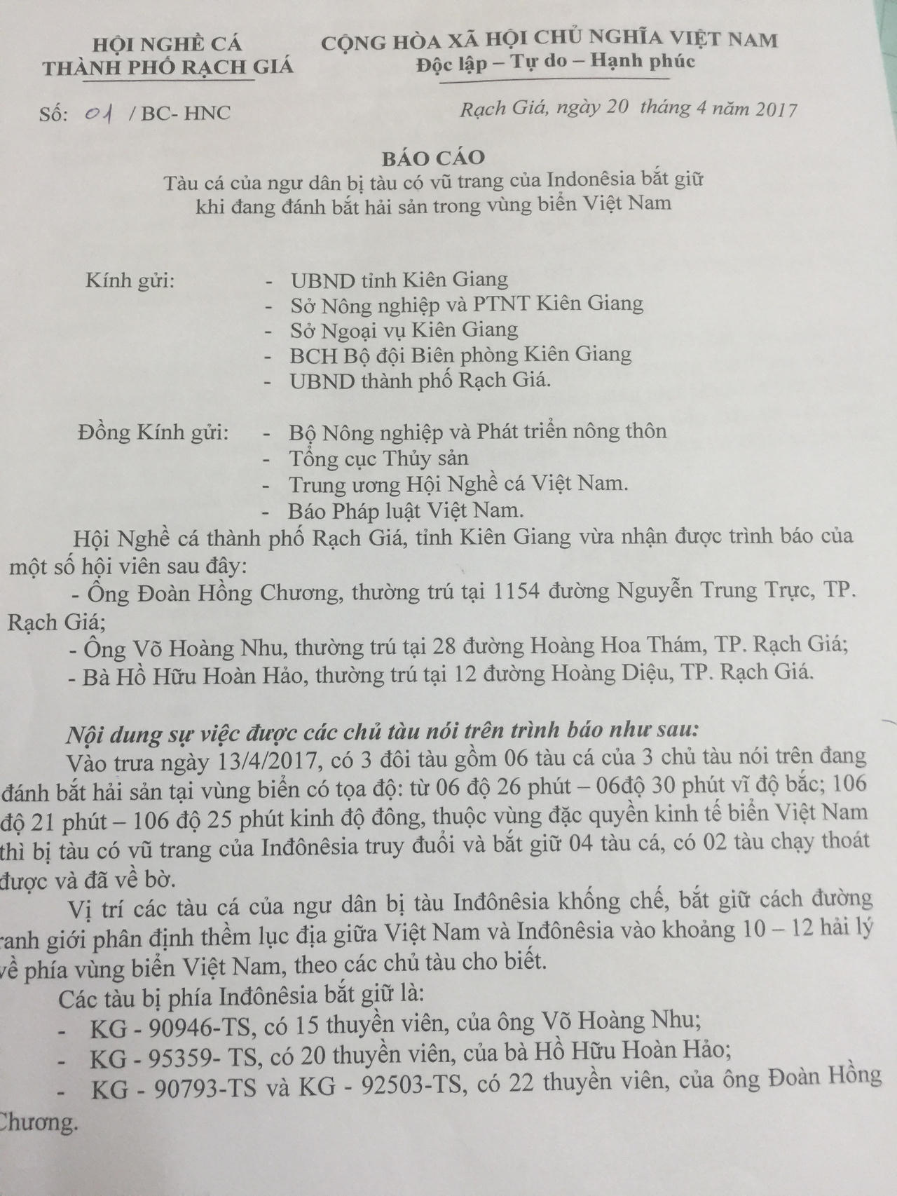 Bị tàu lạ tấn công, Hội nghề cá thành phố Rạch Giá, Kiên Giang đề nghị được bảo vệ
