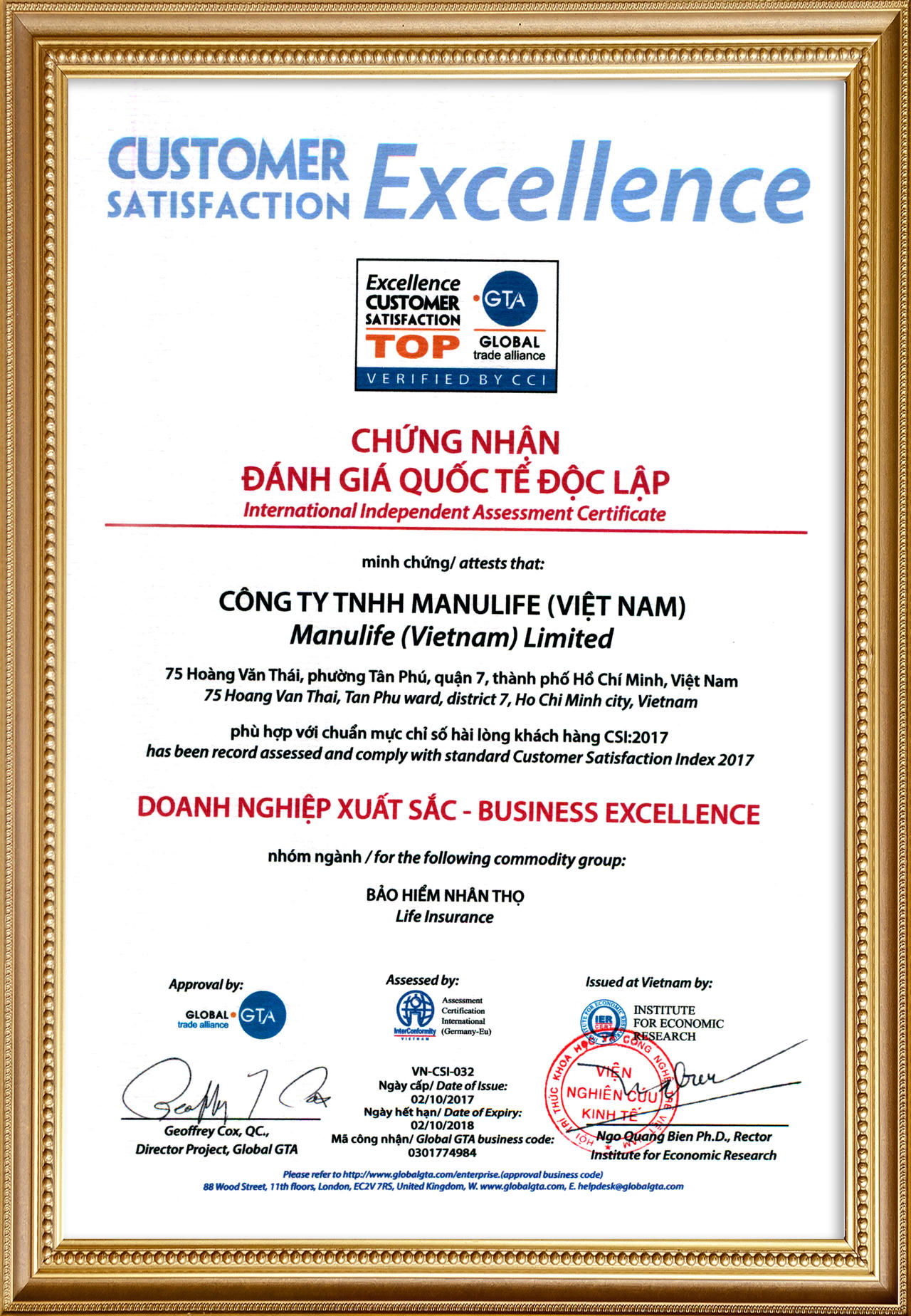 Manulife Việt Nam tiếp tục là “Doanh nghiệp xuất sắc về chỉ số hài lòng của khách hàng” và được vinh danh “Thương hiệu gia đình tin dùng”